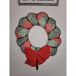 Vintage 18" Fabric Stuffed Christmas Wreath Holly Berry Patchwork Bow Decoration